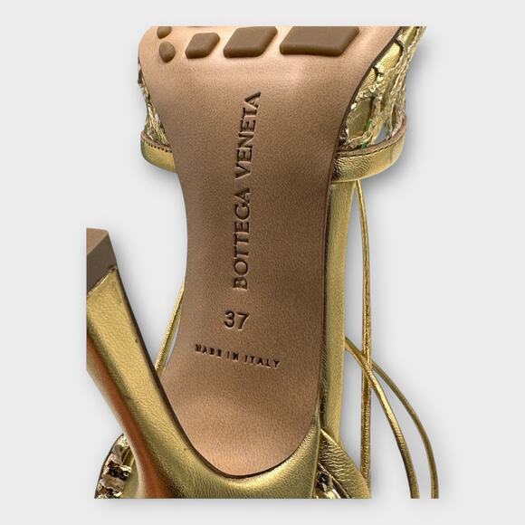 Womans Stretch Mesh Ankle Tie High Heel Sandals In Gold Size 37 - Picture 10 of 12